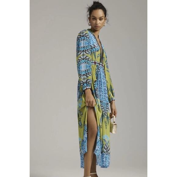 ANTHROPOLOGIE Bhanuni by Jyoti Patterned Maxi Dress 12 Green Blue Beaded NWT - Picture 8 of 11